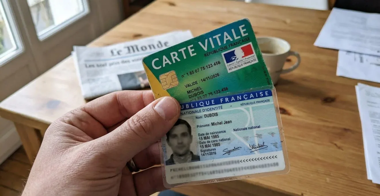 Gros plan sur une main tenant une carte Vitale et une carte d'identité française posées sur une table avec des documents floutés en arrière-plan