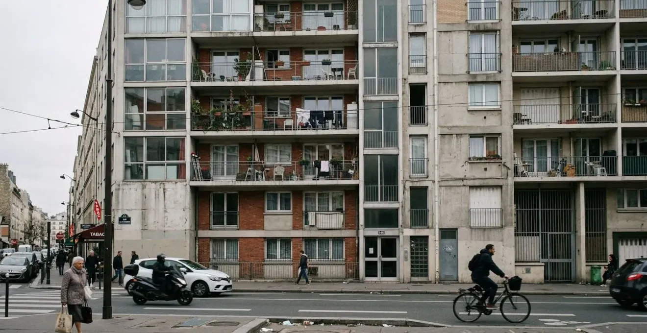 Façade d'un bâtiment parisien contemporain du 13ème arrondissement avec architecture moderne et ciel gris