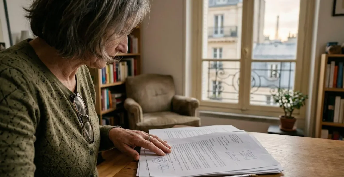 Une personne d'âge mûr consulte des documents administratifs dans un salon parisien lumineux près d'une fenêtre