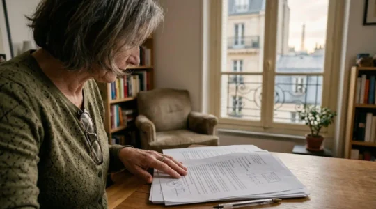 Une personne d'âge mûr consulte des documents administratifs dans un salon parisien lumineux près d'une fenêtre