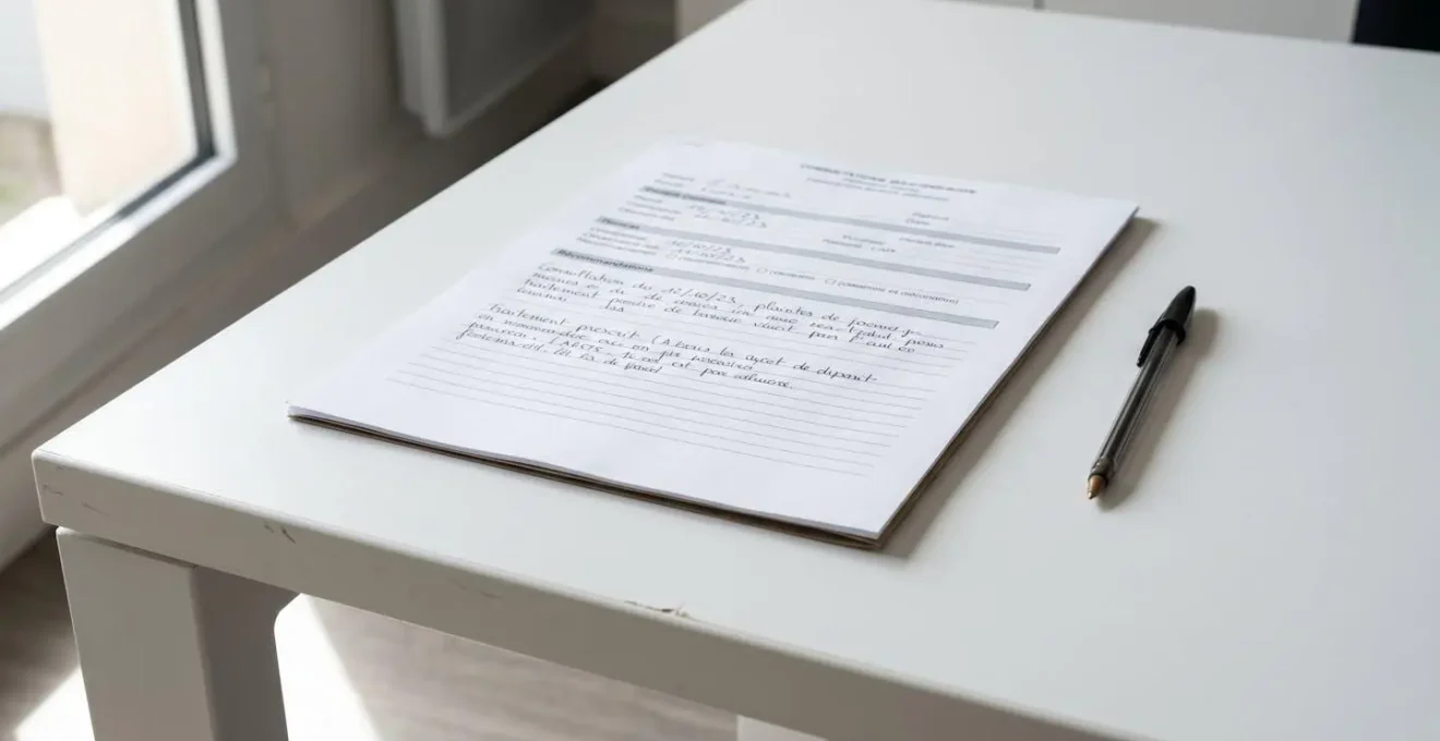 Dossier médical et ordonnance posés sur un bureau lumineux, stylo à côté, détails nets, environnement médical contemporain.