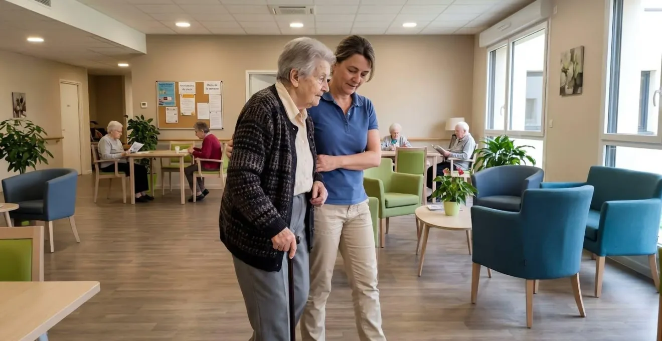 Une personne âgée accompagnée de son proche dans un salon commun d'EHPAD, lumière naturelle douce, moment de connexion familiale discrète.