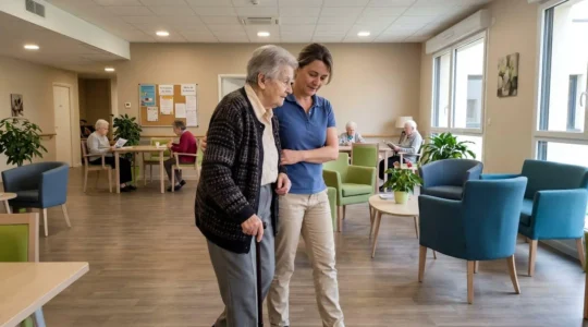 Une personne âgée accompagnée de son proche dans un salon commun d'EHPAD, lumière naturelle douce, moment de connexion familiale discrète.