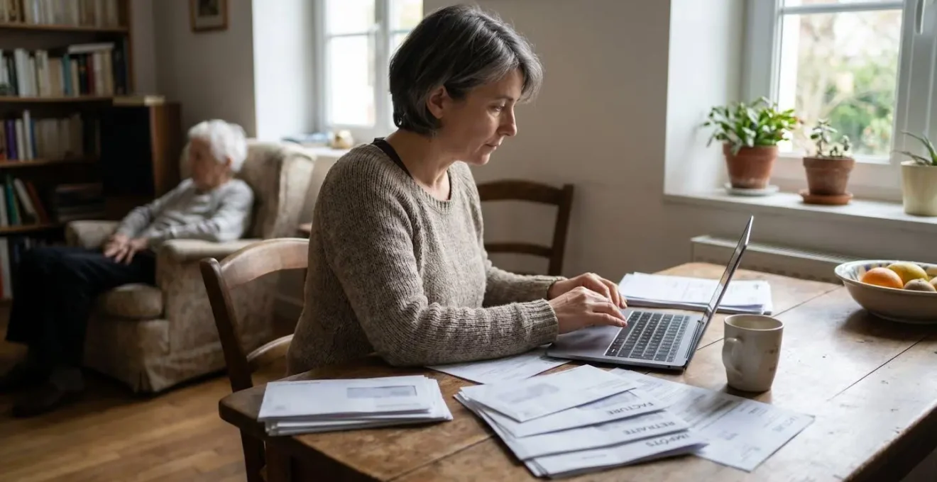 Une femme d'une cinquantaine d'années assise à une table de cuisine consulte des documents administratifs, avec sa mère âgée visible en arrière-plan dans un fauteuil