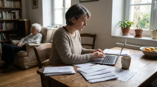 Une femme d'une cinquantaine d'années assise à une table de cuisine consulte des documents administratifs, avec sa mère âgée visible en arrière-plan dans un fauteuil