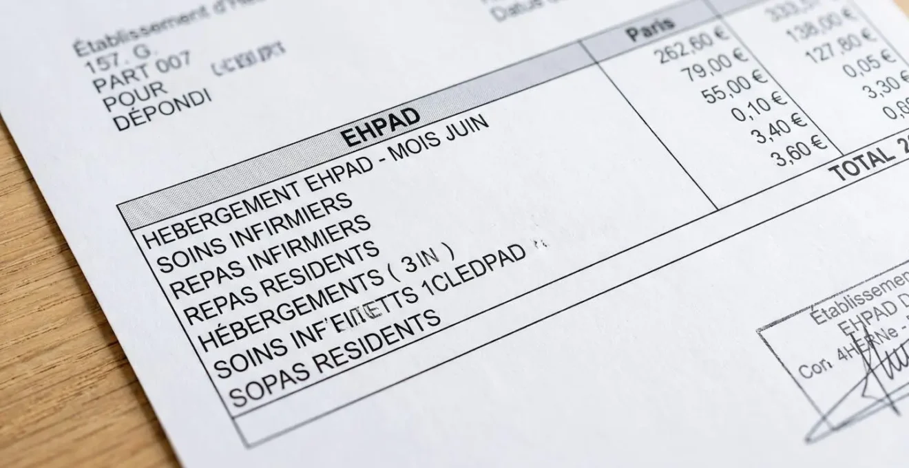 Gros plan sur un document de tarification EHPAD posé sur une surface claire, avec des lignes budgétaires partiellement visibles