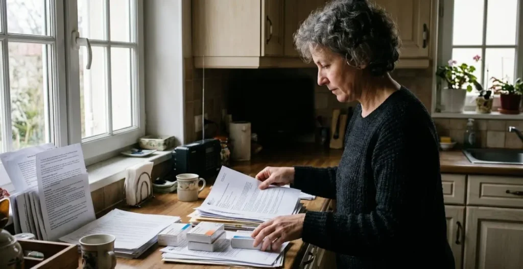 Personne de dos organisant des documents administratifs et une trousse de médicaments sur une table de cuisine lumineuse, environnement domestique réaliste. Personne de dos organisant des documents administratifs et une trousse de médicaments sur une table de cuisine lumineuse, environnement domestique réaliste.