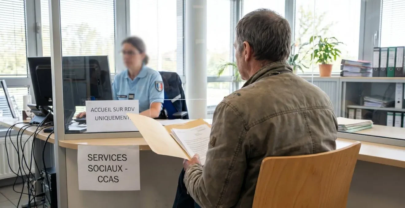 Une personne vue de dos au guichet d'un centre administratif, tenant un dossier de documents, face à un agent administratif