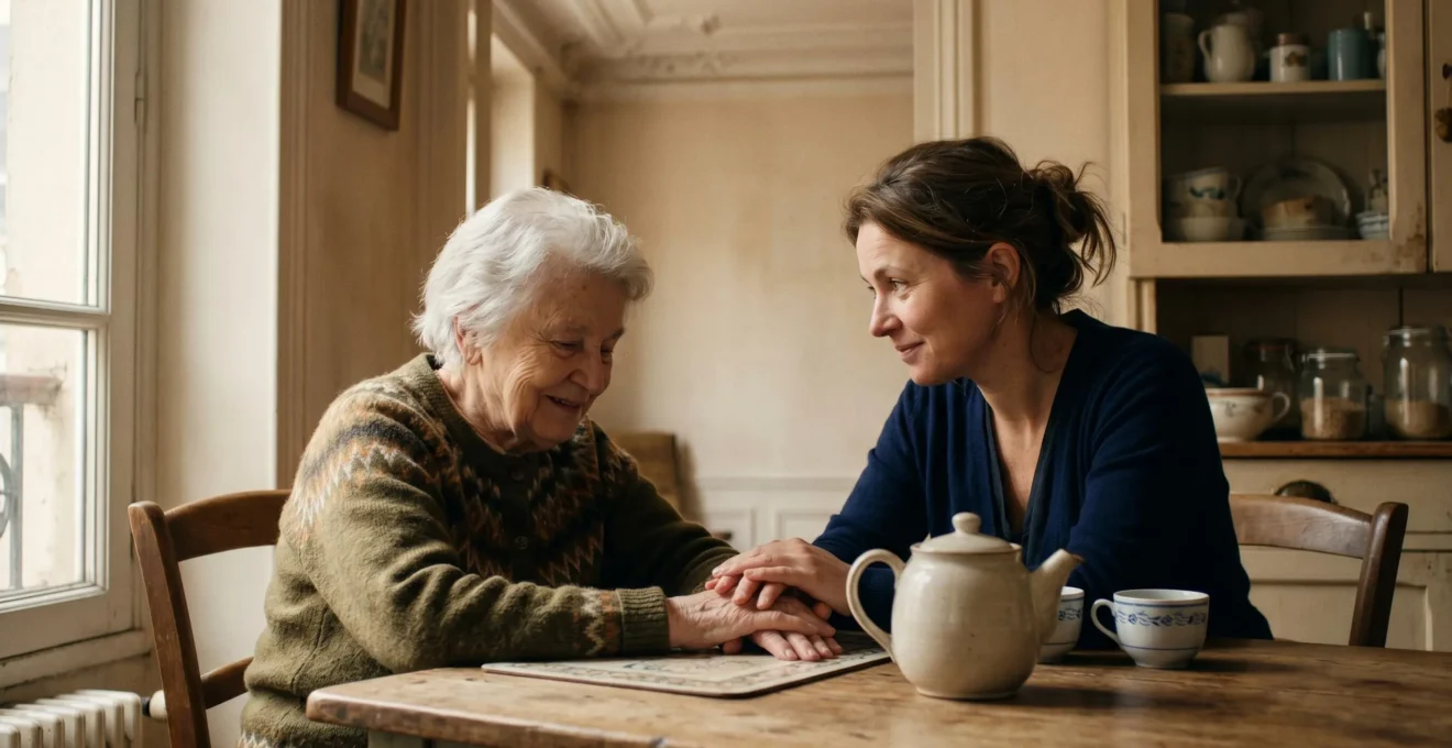 Une scène chaleureuse représentant l'accompagnement et la solidarité envers les personnes vulnérables