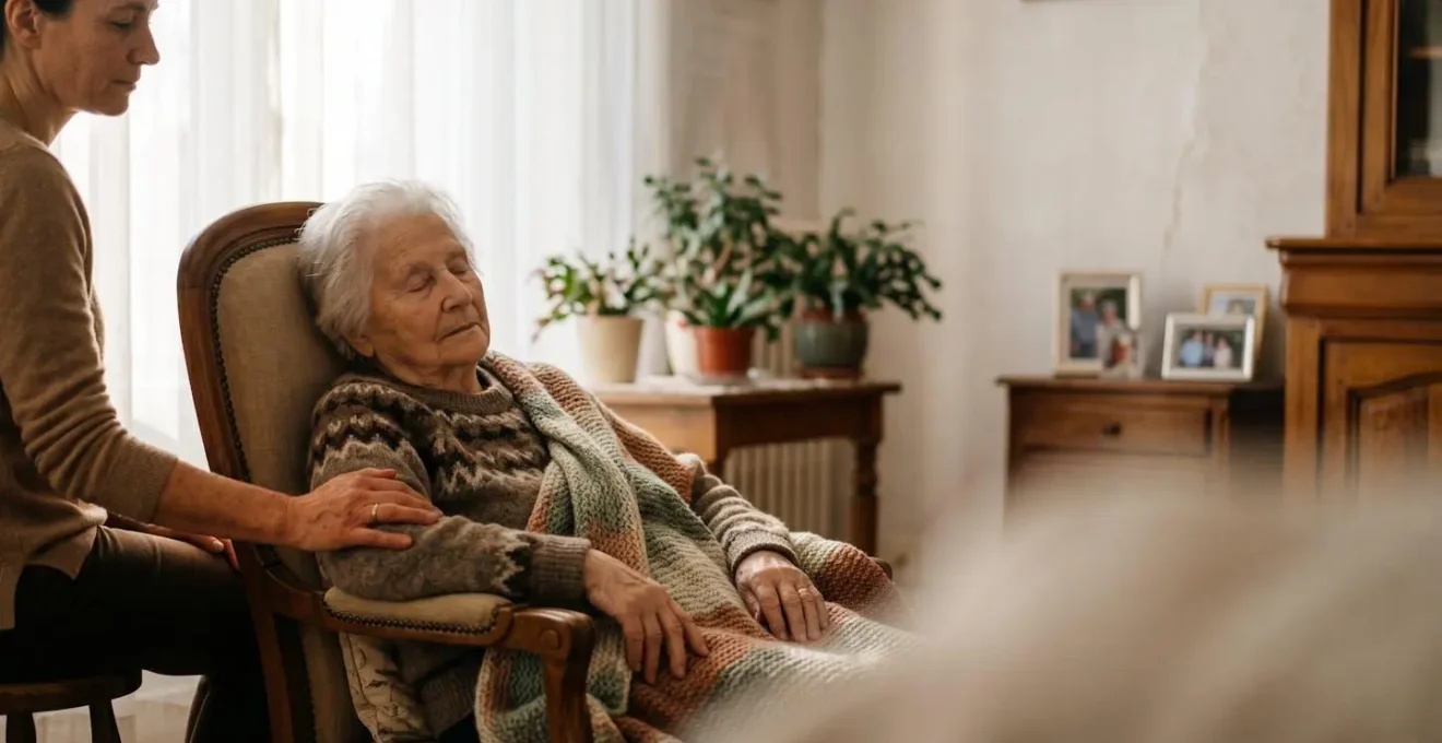 Moment d'accompagnement paisible entre deux personnes au domicile, illustrant la sérénité et la dignité de la fin de vie à la maison