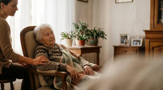 Moment d'accompagnement paisible entre deux personnes au domicile, illustrant la sérénité et la dignité de la fin de vie à la maison