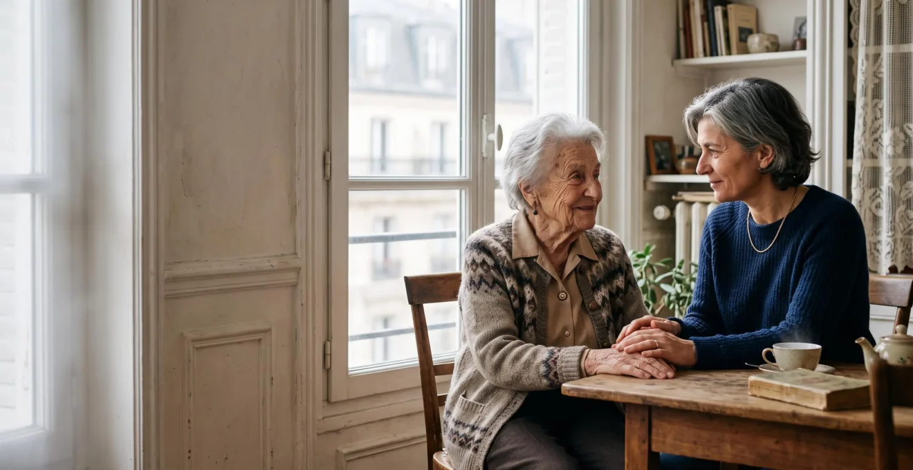 Un aidant tenant délicatement la main d'une personne âgée fragilisée dans un salon lumineux, symbolisant le soutien sans surprotection