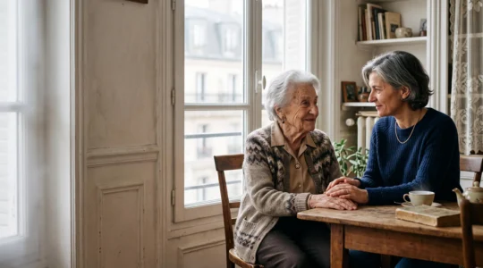 Un aidant tenant délicatement la main d'une personne âgée fragilisée dans un salon lumineux, symbolisant le soutien sans surprotection