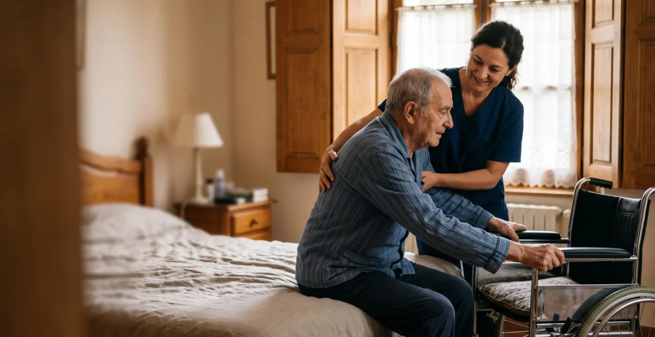 Aidant accompagnant avec douceur et sécurité le transfert d'une personne âgée dépendante du lit vers un fauteuil dans un intérieur français lumineux