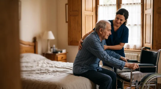 Aidant accompagnant avec douceur et sécurité le transfert d'une personne âgée dépendante du lit vers un fauteuil dans un intérieur français lumineux