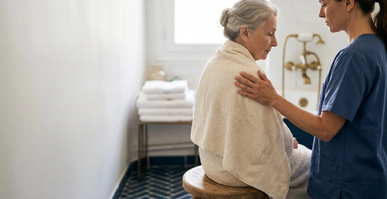 Un aidant familial aide avec douceur et respect un proche âgé lors de sa toilette dans une salle de bain française lumineuse