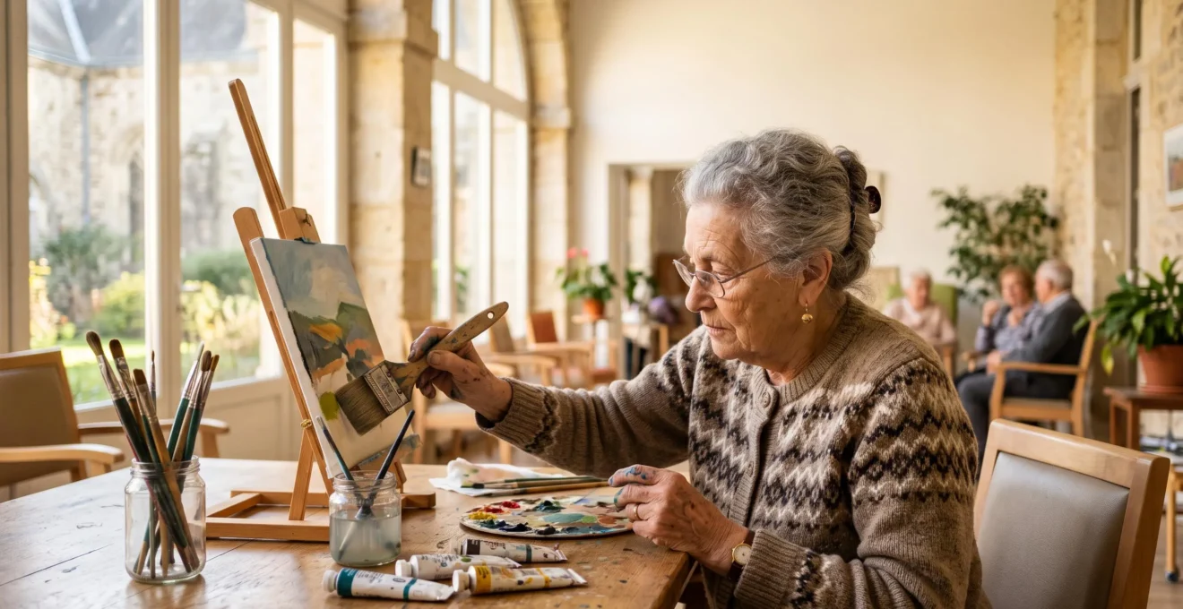 Personne âgée de plus de 80 ans concentrée en train de peindre lors d'un atelier créatif lumineux
