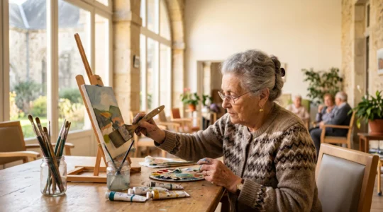 Personne âgée de plus de 80 ans concentrée en train de peindre lors d'un atelier créatif lumineux