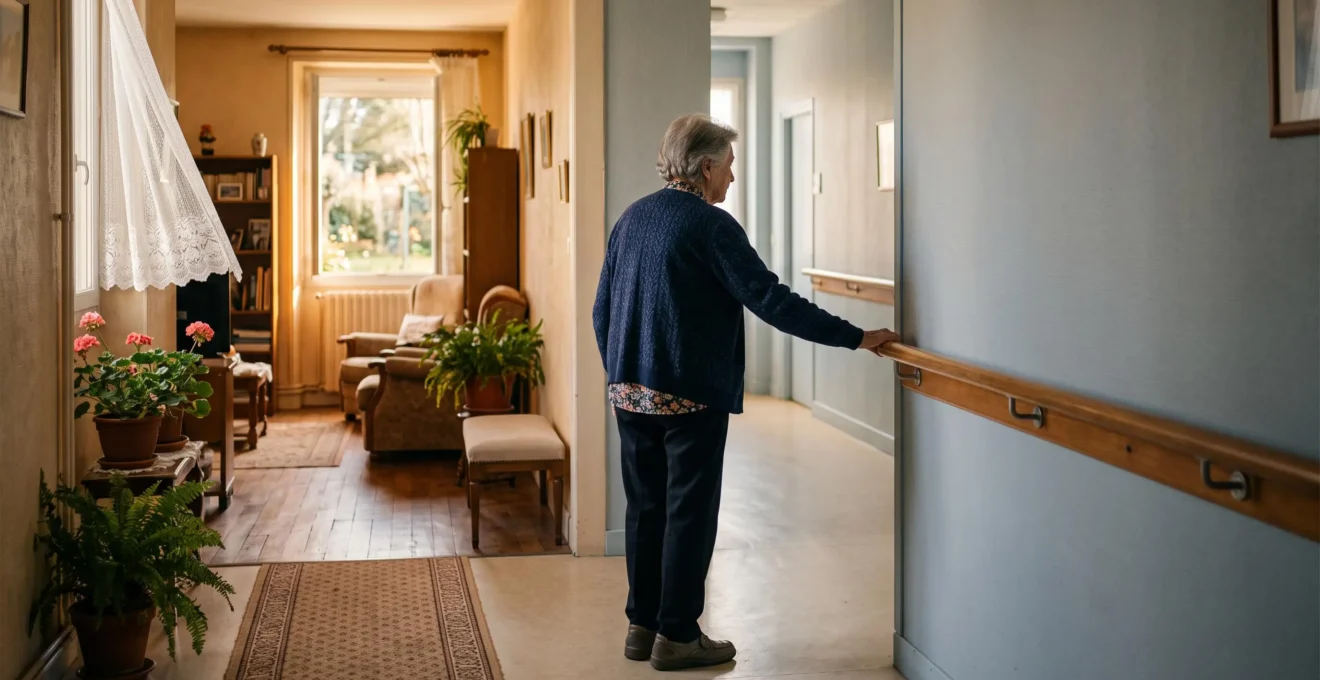 Un senior semi-autonome accompagné de sa fille observe deux couloirs lumineux symbolisant le choix entre une résidence autonomie et un EHPAD