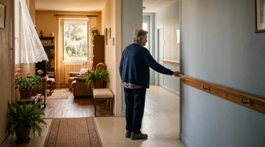 Un senior semi-autonome accompagné de sa fille observe deux couloirs lumineux symbolisant le choix entre une résidence autonomie et un EHPAD