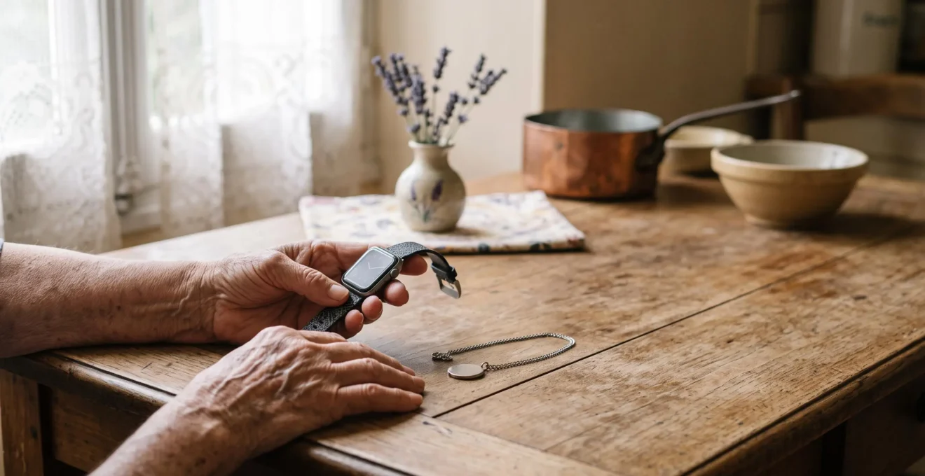 Gros plan sur les mains ridées d'une personne âgée française tenant délicatement un bracelet connecté et un pendentif de téléassistance, symbolisant le choix entre les deux dispositifs
