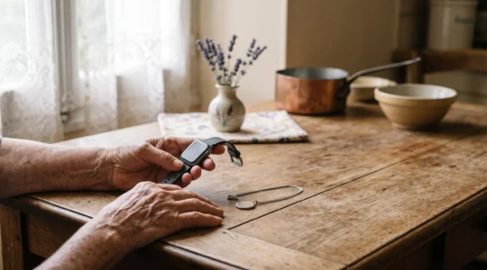 Gros plan sur les mains ridées d'une personne âgée française tenant délicatement un bracelet connecté et un pendentif de téléassistance, symbolisant le choix entre les deux dispositifs