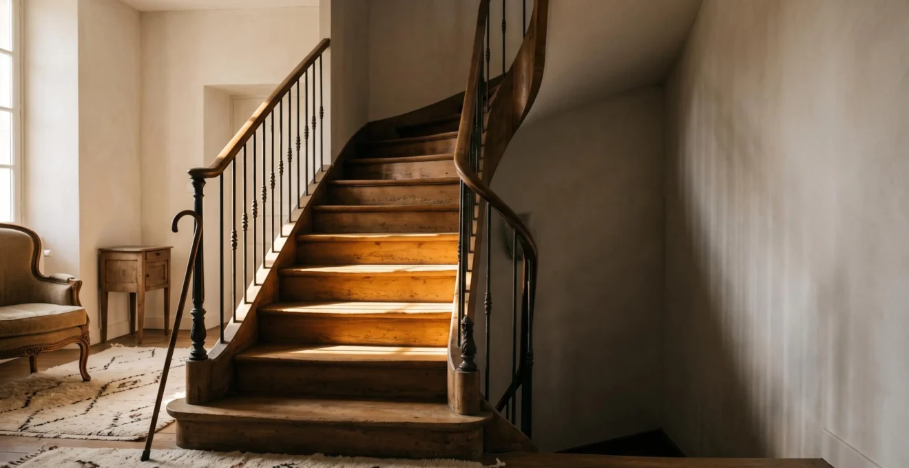 Escalier interieur d'une maison francaise symbolisant le dilemme entre rester a domicile ou demenager pour une personne agee