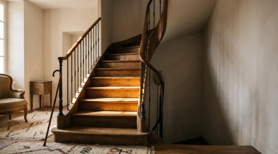 Escalier interieur d'une maison francaise symbolisant le dilemme entre rester a domicile ou demenager pour une personne agee