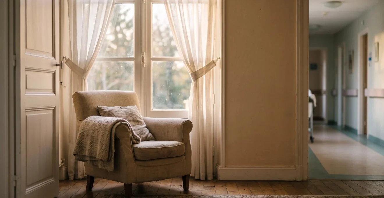 Fauteuil vide baigné de lumière dans un salon français, symbolisant le dilemme entre maintien à domicile et entrée en EHPAD
