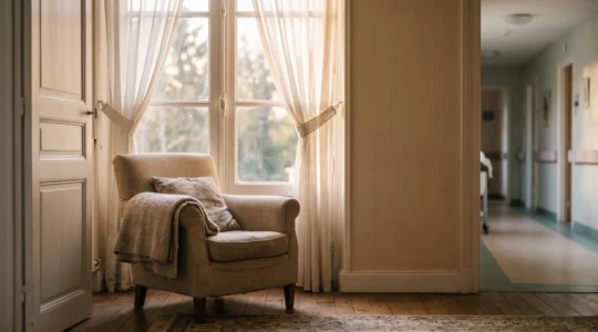 Fauteuil vide baigné de lumière dans un salon français, symbolisant le dilemme entre maintien à domicile et entrée en EHPAD