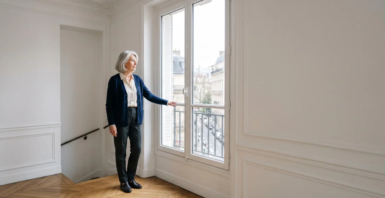Une personne âgée savourant un moment de liberté dans un intérieur français lumineux et épuré, symbole d'équilibre entre sécurité et autonomie