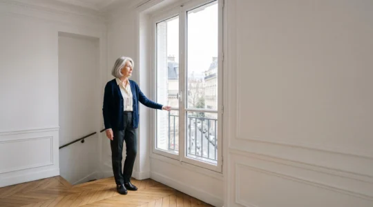 Une personne âgée savourant un moment de liberté dans un intérieur français lumineux et épuré, symbole d'équilibre entre sécurité et autonomie