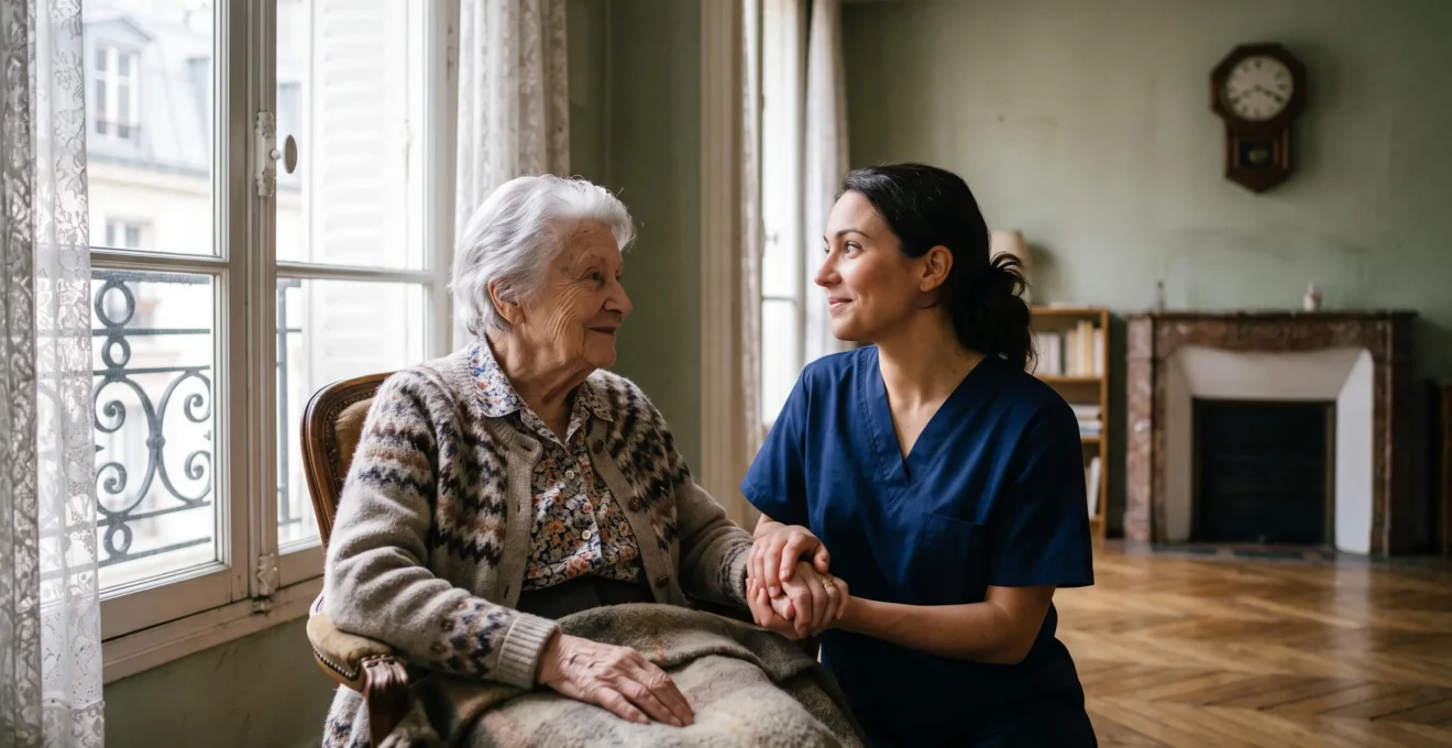 Une aidante professionnelle accompagne avec douceur une personne âgée dans son salon lumineux, symbolisant le temps d'assistance quotidienne à domicile en France.