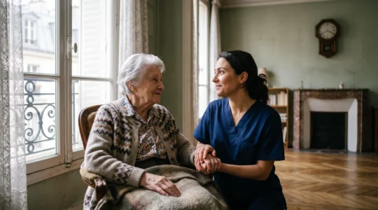 Une aidante professionnelle accompagne avec douceur une personne âgée dans son salon lumineux, symbolisant le temps d'assistance quotidienne à domicile en France.