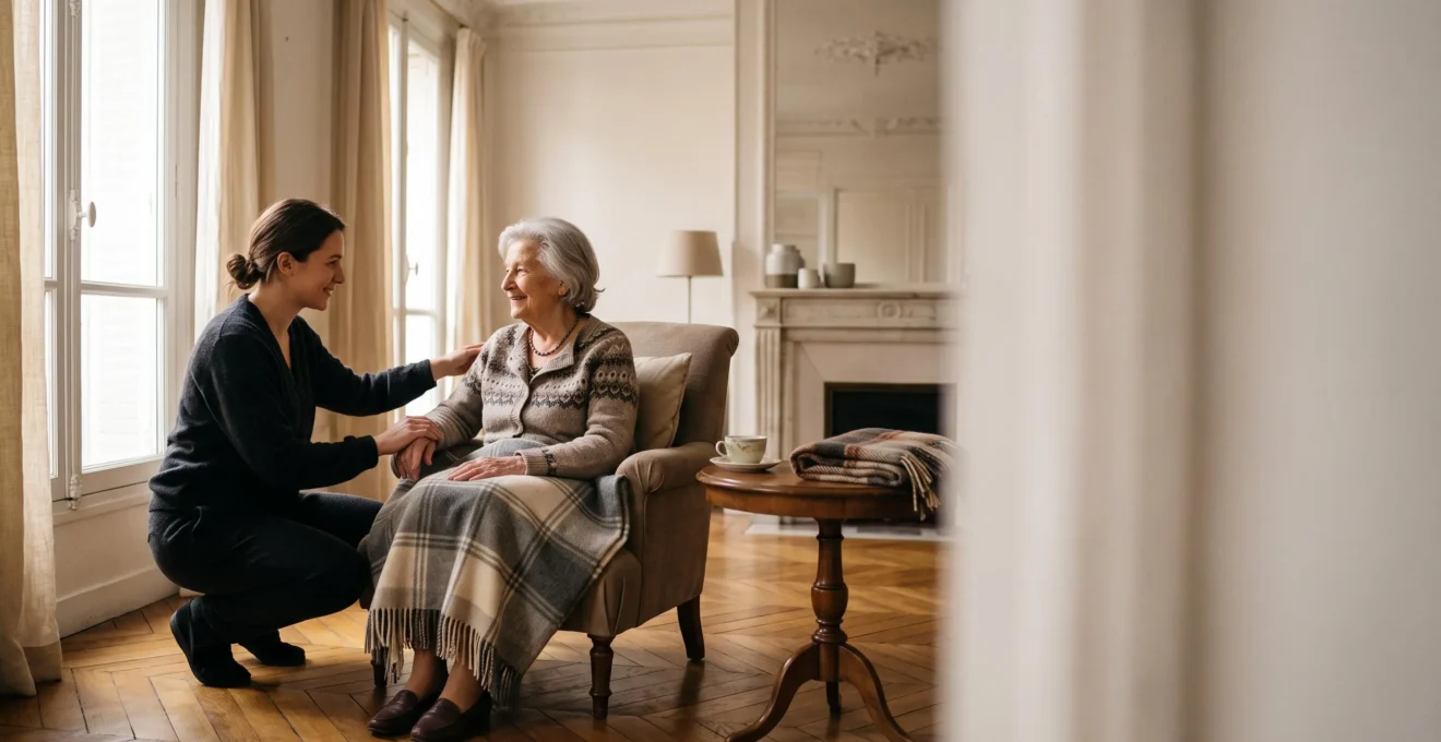 Senior français aidé à domicile par une auxiliaire de vie dans un salon lumineux, symbolisant le cumul des aides sociales et financières