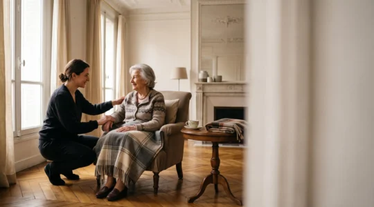 Senior français aidé à domicile par une auxiliaire de vie dans un salon lumineux, symbolisant le cumul des aides sociales et financières