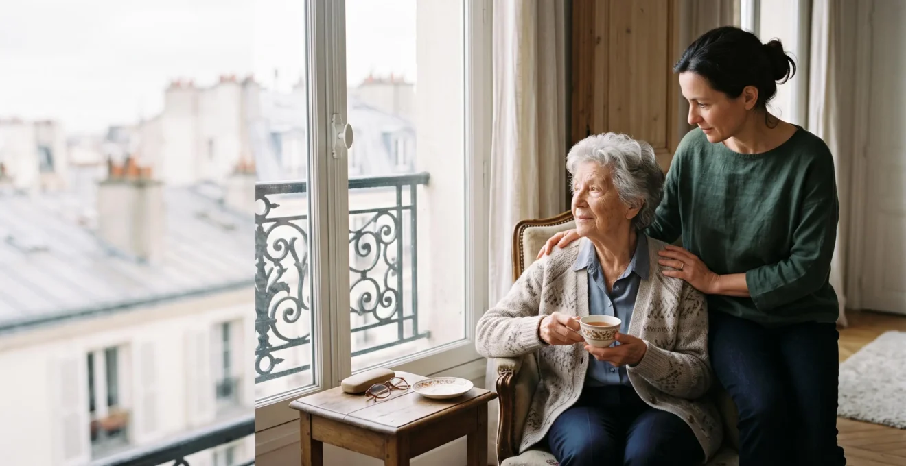 Une femme age et sa fille adulte partageant un moment complice pres d'une fenetre lumineuse dans un appartement francais typique