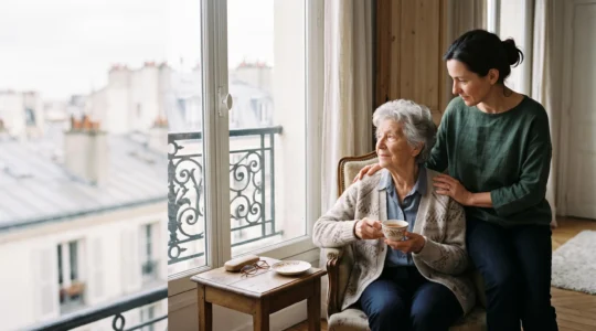 Une femme age et sa fille adulte partageant un moment complice pres d'une fenetre lumineuse dans un appartement francais typique