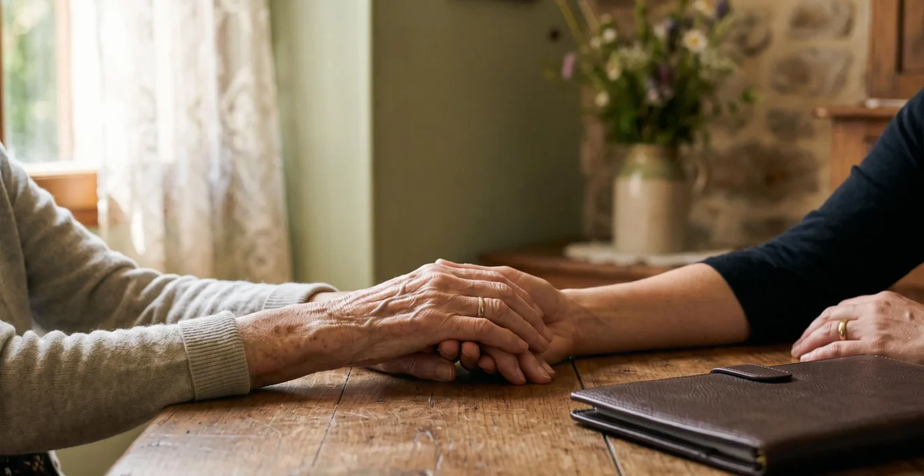 Main d'une personne âgée et main d'un proche aidant posées l'une sur l'autre au-dessus d'une table en bois dans une lumière chaude, symbolisant l'accompagnement vers l'entrée en EHPAD