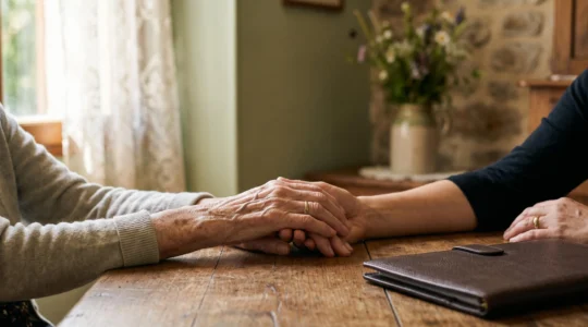 Main d'une personne âgée et main d'un proche aidant posées l'une sur l'autre au-dessus d'une table en bois dans une lumière chaude, symbolisant l'accompagnement vers l'entrée en EHPAD