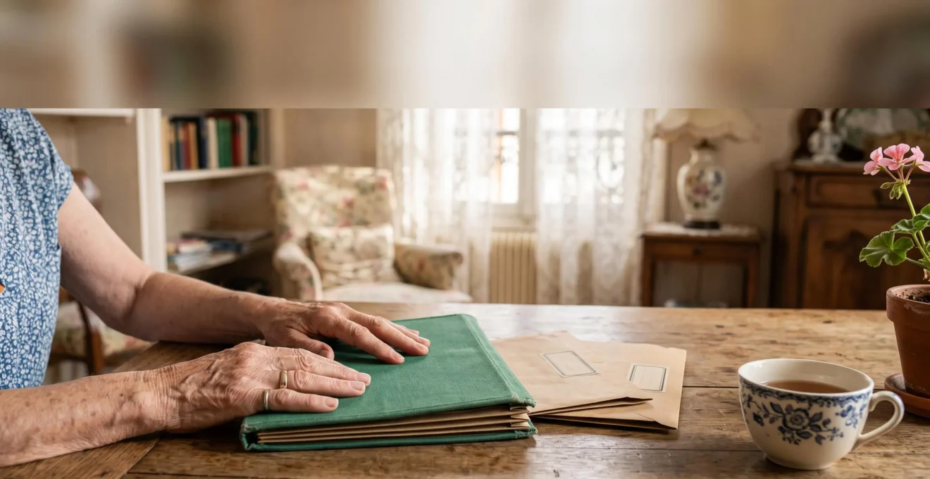Mains d'une aidante et d'une personne agee organisant ensemble des documents administratifs pour une demande d'aide a l'autonomie, dans un interieur francais chaleureux