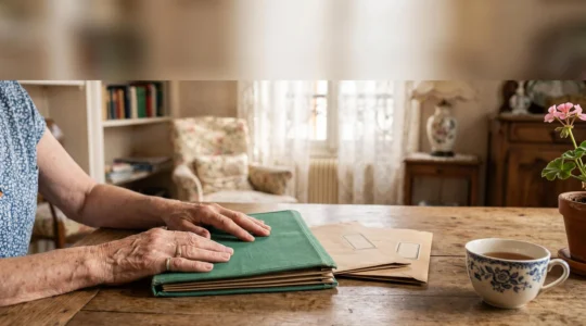 Mains d'une aidante et d'une personne agee organisant ensemble des documents administratifs pour une demande d'aide a l'autonomie, dans un interieur francais chaleureux