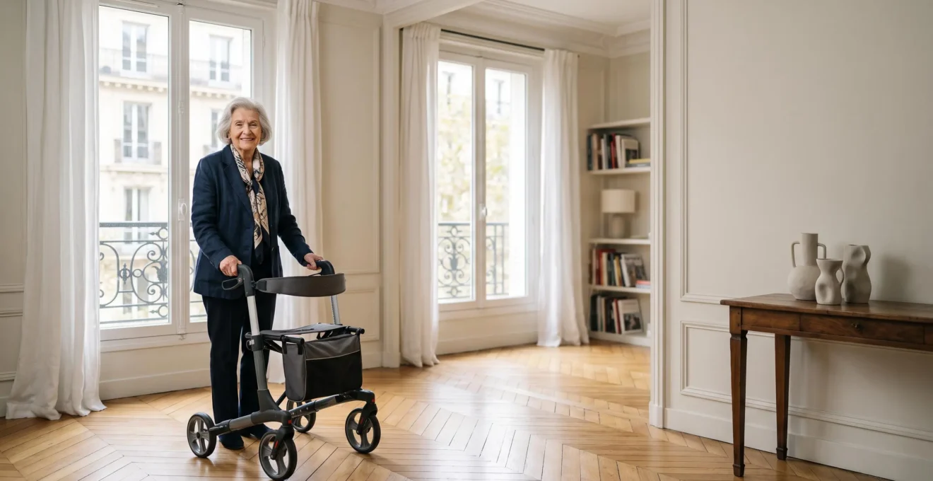 Senior français utilisant un déambulateur dans un salon lumineux et épuré, illustrant l'adaptation du logement à la mobilité réduite