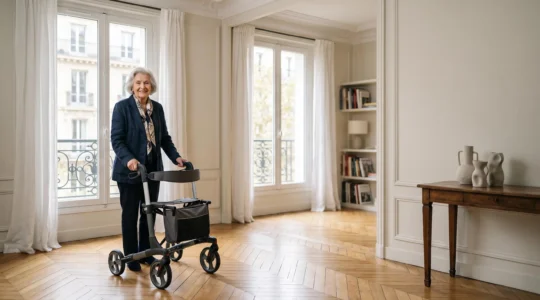 Senior français utilisant un déambulateur dans un salon lumineux et épuré, illustrant l'adaptation du logement à la mobilité réduite