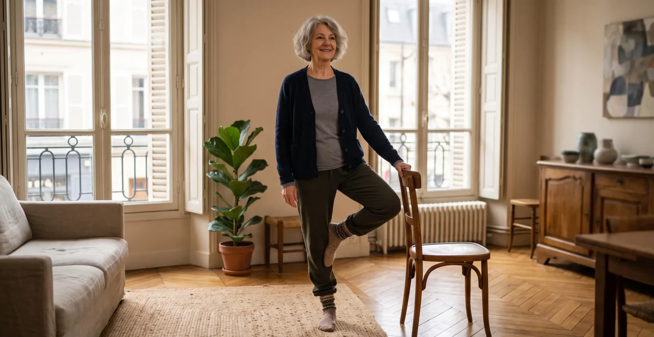 Femme senior francaise pratiquant un exercice d'equilibre de gym douce dans un salon lumineux