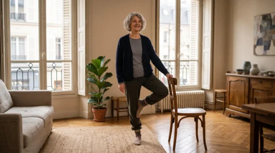 Femme senior francaise pratiquant un exercice d'equilibre de gym douce dans un salon lumineux