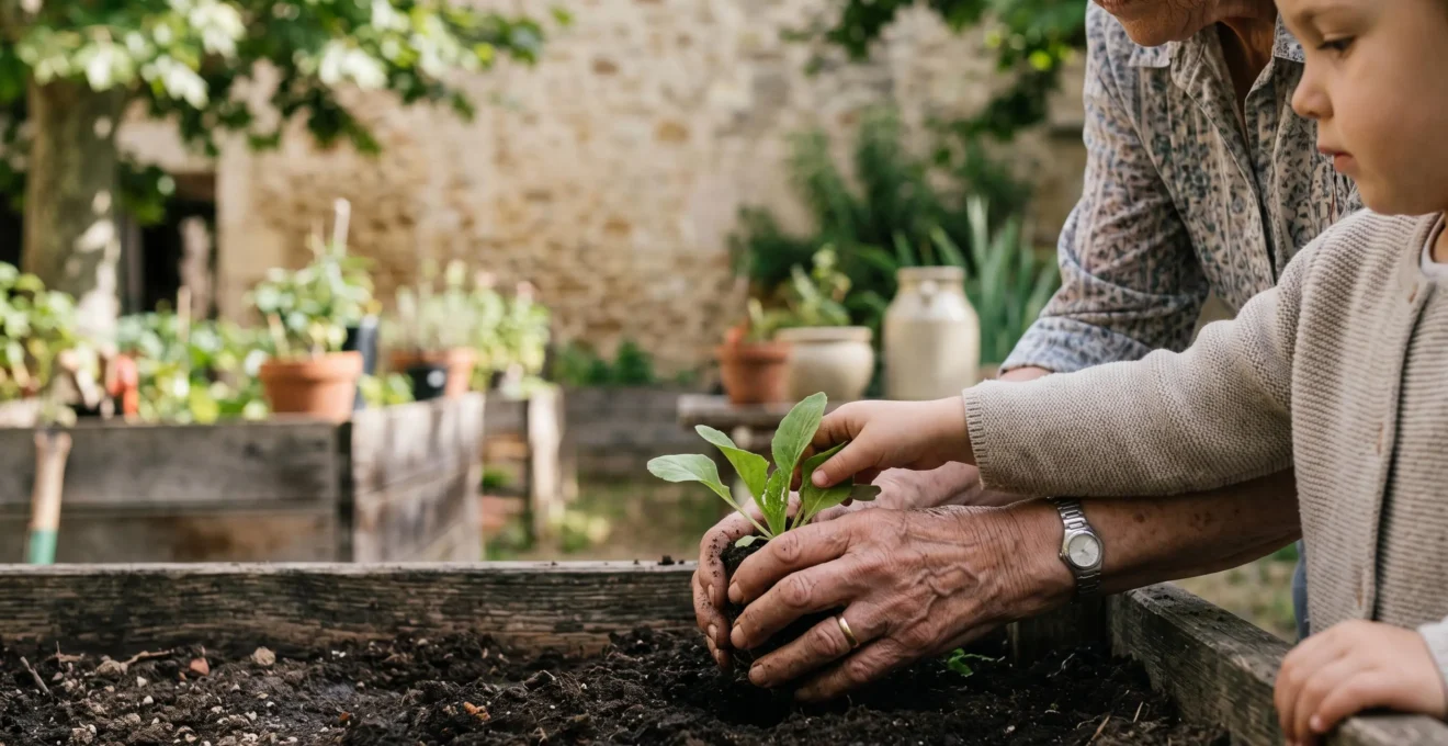 Une main ridée de senior et une petite main d'enfant se rejoignant au-dessus d'un potager partagé dans le jardin d'un EHPAD français