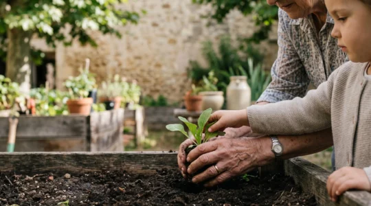 Une main ridée de senior et une petite main d'enfant se rejoignant au-dessus d'un potager partagé dans le jardin d'un EHPAD français
