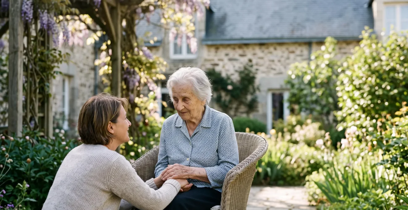 Une main ridee de personne agee tenue avec tendresse par la main de son enfant adulte dans le jardin ensoleille d'un EHPAD francais