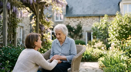 Une main ridee de personne agee tenue avec tendresse par la main de son enfant adulte dans le jardin ensoleille d'un EHPAD francais